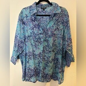Krazy Kat Blue and Purple Leaf Print Button Down Shirt Size 2X